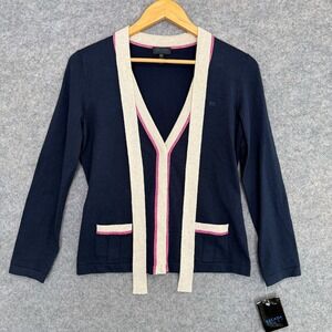 Escada Sport Silk Cashmere Cardigan Sweater Women Small Luxury Soft Bow Tie Navy